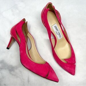 NEW Jimmy Choo Saga Suede Flame Cutout Pointed Toe Pumps Heels Pink 34.5